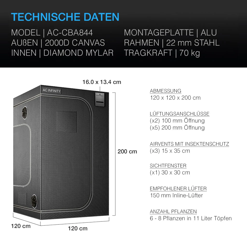 AC Infinity CLOUDLAB 844, Advanced Growbox, 120x120x200cm