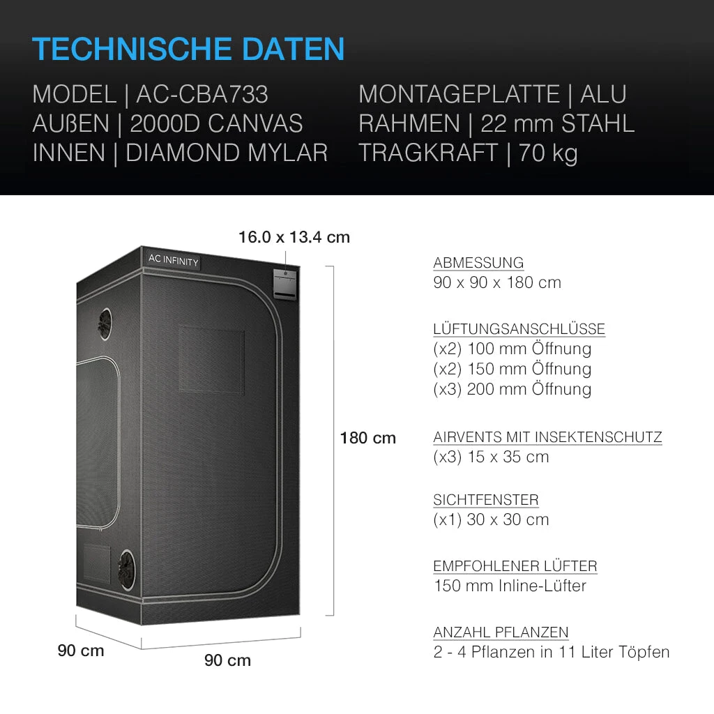 AC Infinity CLOUDLAB 733, Advanced Growbox, 90x90x180cm