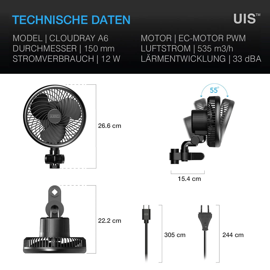 AC Infinity CLOUDRAY A6, Clip-Ventilator mit EC-Motor, manuell schwenkbar