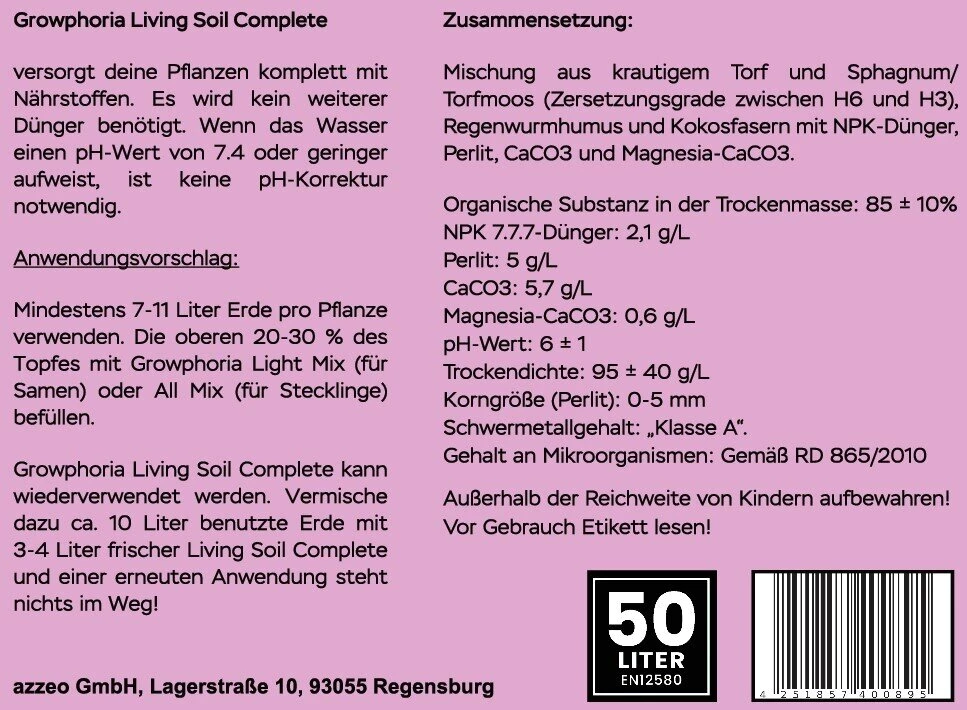 Growphoria Living Soil Complete, vorgedüngte Erde, 50L